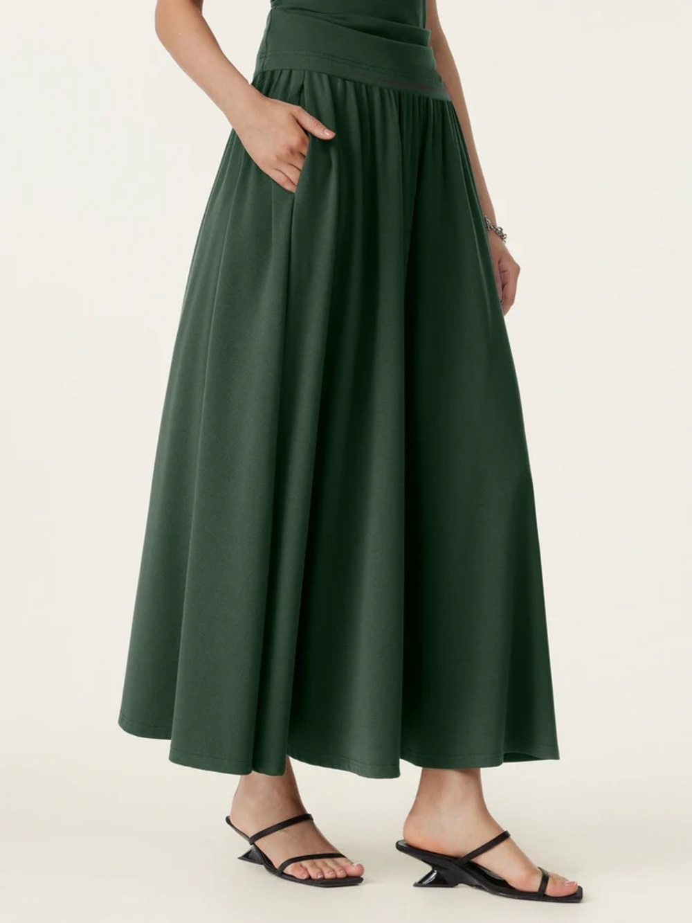 NWT OGL Light Cotton Rib Stretch Cotton Maxi Umbrella Skirt with Pockets -green